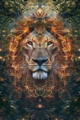 A surreal multi-image collage featuring a detailed lion, evoking mystery and intrigue