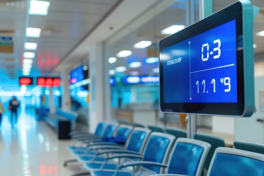 Digital display showing queue numbers in a hospital waiting area with empty blue seats and soft focus background. Hospital queue