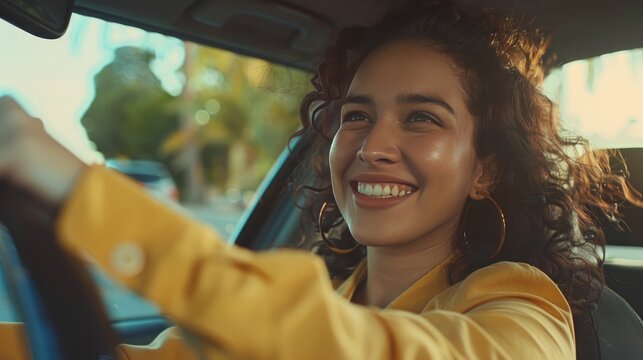 Fototapeta Young hispanic woman smiling confident driving car at street