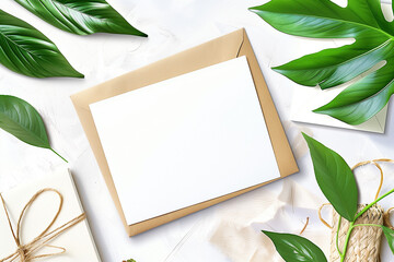 Stationery Mockup: Blank Card on White Table with Green Leaves - Greeting Card, Postcard, Birthday or Wedding Invitation Flatlay Design Template