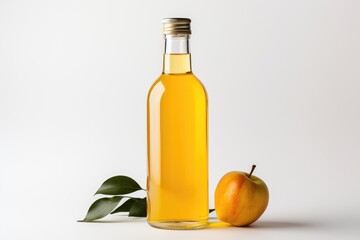 Glass bottle of fresh apple juice and apple isolated on white background