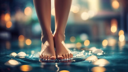 Woman feet on a water, foot close up