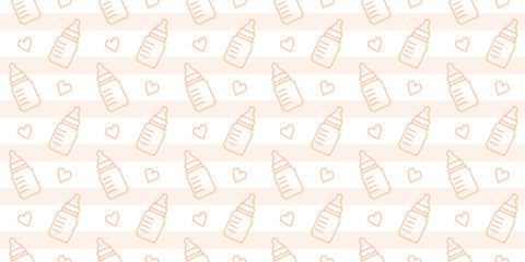 Seamless pattern with baby bottles for milk and food. Child nutrition, drink for infants and newborn kids in bottles with pacifier and ruler scale, vector outline background with stripes