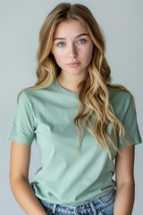 Fototapeta premium A wide shot capturing a young white woman in a smooth, unwrinkled light green round neck t-shirt against a pristine white backdrop
