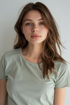 A wide shot capturing a young white woman in a smooth, unwrinkled light green round neck t-shirt against a pristine white backdrop