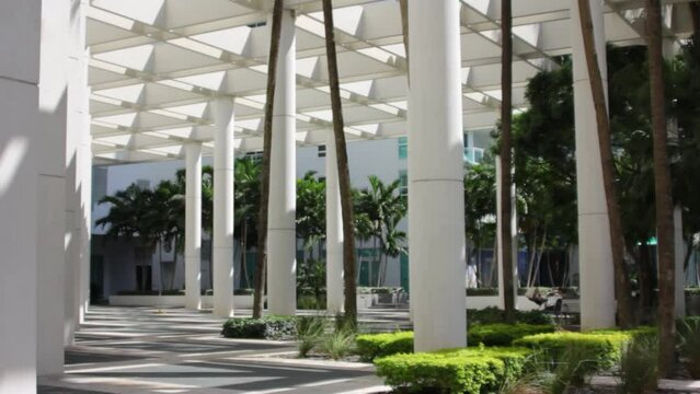 Wide, steady cam past columns of building 