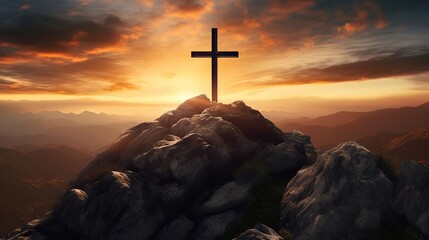 Lord Jesus cross on the mountain against sunset background, Jesus crucifixion, crucifixion, religion and Christianity, Easter day or resurrection concept - obrazy, fototapety, plakaty
