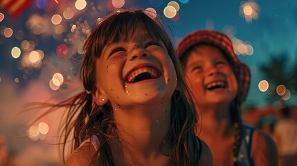 Little Girls Laughing in the Style of Bioluminescent Carnivalcore Party - obrazy, fototapety, plakaty