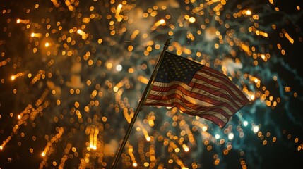 4th of July Fireworks Celebration with American Flag - obrazy, fototapety, plakaty