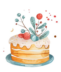 Festive birthday cake watercolor. The birthday cake is decorated with frucatma and a sprig of berries. Cake for celebrations, watercolor on a transparent background. Vector illustration.