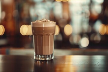 Generative AI, Protein cocktail in the glass on the blurred gym background, sport nutrition 