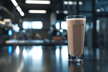 Gordijnen Generative AI, Protein cocktail in the glass on the blurred gym background, sport nutrition  © DELstudio