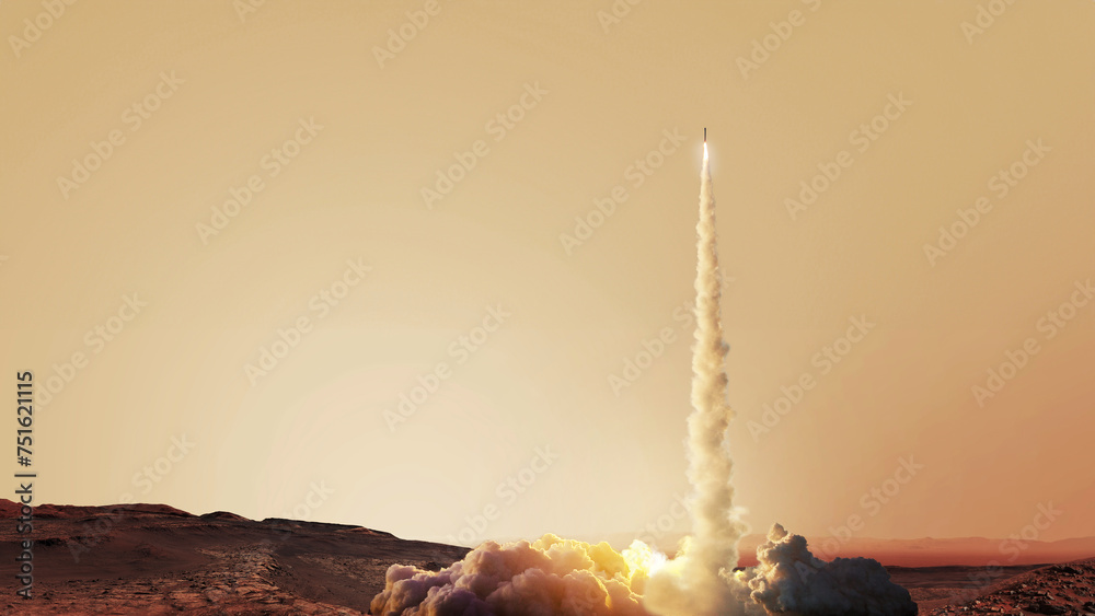 Poster spaceship rocket takes off with smoke and blast on the red planet mars. mars space mission, creative