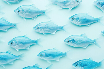 Group of Small Blue Fish on Blue Surface with Copy of Fish in the Middle, Underwater Scene Wildlife Concept