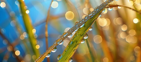 Macro close-up of dew water droplets on lush green grass blades in the morning sunlight