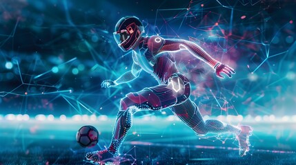 Futuristic Cyberpunk Soccer Player Kicking the Ball in the Dark