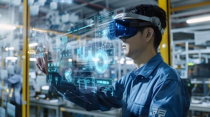 Factory Worker Wearing Virtual Reality Glasses