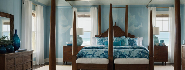Coastal-inspired bedroom with a canopy bed and ocean-themed decor