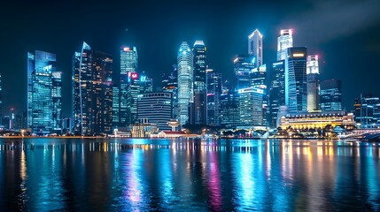 Singapore City Skyline at Night with Reflections in the Water