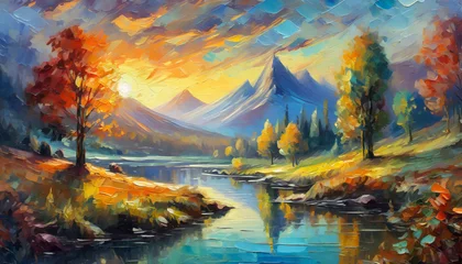 Fotobehang Abstract oil painting of lake, mountains and forest. Dramatic sky. Beautiful natural landscape. © hardvicore