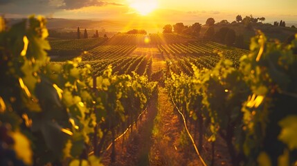 Tuscany Vineyard at Sunset in Tilt-Shift Style - obrazy, fototapety, plakaty