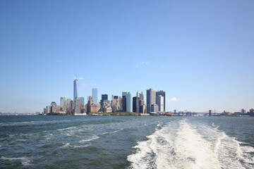 Manhattan Island in New York City, view from the boat