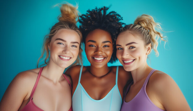 Portraits of three cheerful smiling multiracial women embracing and looking at the camera with a bright blue background. Women's Friendship, relationships, and Happiness Concept image