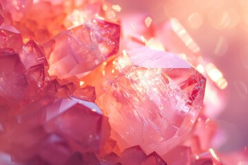 Close-up of large rose quartz crystals with a soft pink hue and luminous glow.