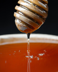 Natural organic honey dripping, pouring from wooden honey dipper close up - 751622398