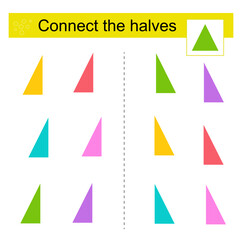 Logic game for kids. Find the halves of shapes. Printable page for brainteaser book.