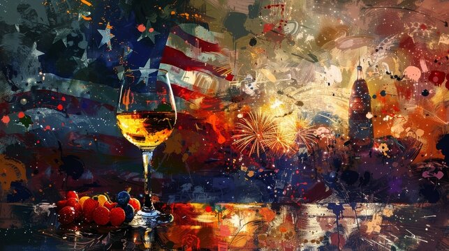 Firework and Wine Glass Illustration in Patriotic Style
