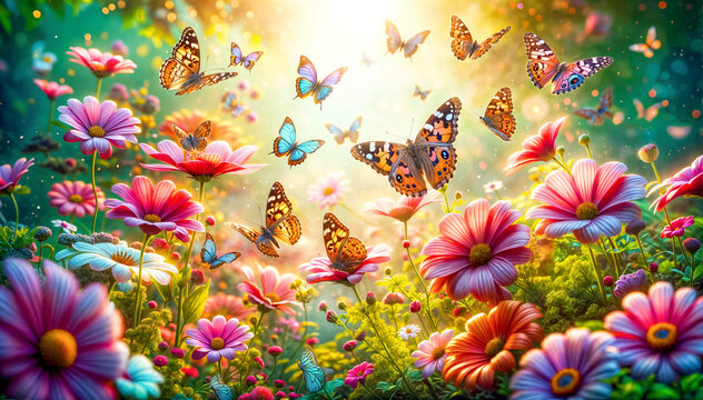 A summer illustration of a garden  with colorful flowers and butterflies under the sunlight. Ideal for children's book illustrations, greeting cards, and promoting a sense of joy and abundance.