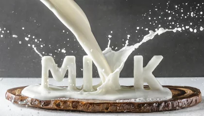 Zelfklevend Fotobehang Milk lettering with milk splash and pouring, white background © blackdiamond67