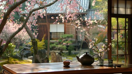 Elegant tea garden cherry blossoms traditional tea ceremony in progress