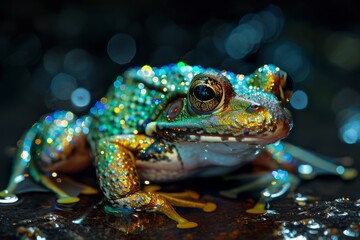 Fototapeta premium Frog, covered with glowy glitters, with a luminous body