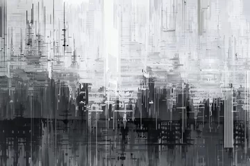 Foto op Aluminium digital artistry as grey digital pixelation merges with dynamic pixel patterns, creating a futuristic and modern aesthetic that harmonizes with the urban landscape of a cityscape background © Martin