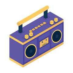 Groovy record player in the style of the 1990s. Isometric vector illustration isolated on white background.