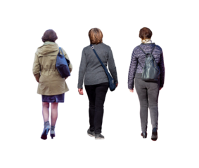 Trois femmes vues de dos, entre 40 et 60 ans, marchant en automne avec sacs à dos et vêtements décontractés