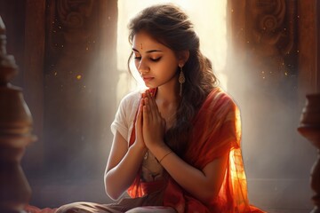 Hindu girl praying, peace, hope, dreams concept. Ai generated