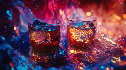 Two Cool Glasses of Drinks on a Dark Background with Psychedelic Neon