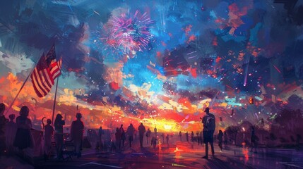 Artist Shows A Painting Of Fireworks At Dusk In The Style Of Concept Art