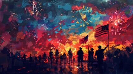 Impressionistic Patriotic Art with Fireworks and People