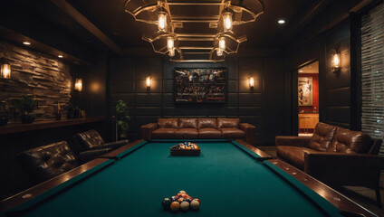 Contemporary man cave with a pool table and leather recliners