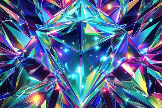 Dive into a mesmerizing Octane Render digital wallpaper featuring a luminous crystal with cosmic geometric patterns, adorned with a kaleidoscope of vibrant and prismatic iridescent hues