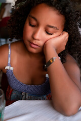Beautiful Cute Sad Depressed Mixed Race African American Girl Child - 751624537