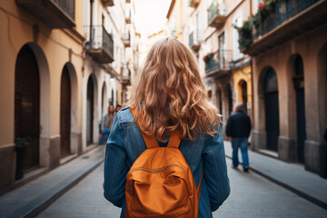 Back view of woman on backpack trip in city