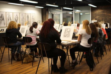Young creative multi ethnicity students drawing at the university studio - 751624723
