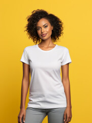 Obraz premium Photo of positive young beautiful woman with wearing casual white t-shirt for mockup