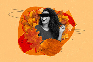 Photo collage creative picture young woman no vision crossed eyes autumn leaves season fall...