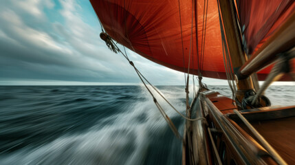 Red Sailing Spinnaker Against Stormy Sky - obrazy, fototapety, plakaty
